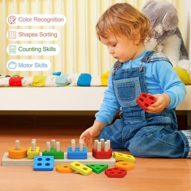 PEBIRA Montessori Toys for 1 to 3-Year-Old Boys Girls Toddlers, Wooden Sorting & Stacking Toys for Toddlers and Kids Preschool, Educational Color Recognition Shape Sorter, Learning Puzzles Gift - Image 5
