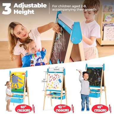 All-in-One Art Easel for Kids, Adjustable Double Sided Wooden Easel for Toddlers with Magnetic Whiteboard & Chalkboard, Paper Roll, Art Supplies, Child Painting Easel for Kid 2-8 Birthday Gift - Image 4