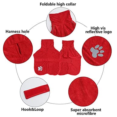 Dog Drying Coat, Puppy Bathrobe Towel wrap, Pyjamas Gown Microfibre Dog Robes with Reflective for Dog pet Super Absorbent - Red - L - Image 3