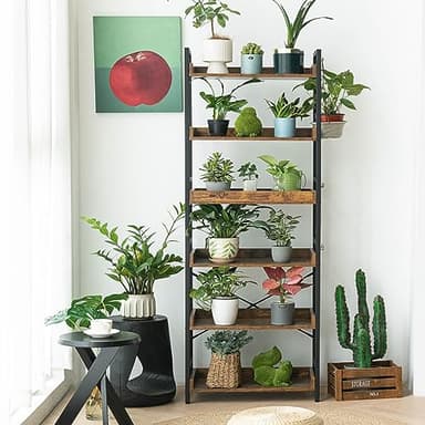 HCHQHS Adjustable 6 Tier Open Bookcase, Rustic Farmhouse Book Shelves, Industrial Wood and Black Metal Bookshelves, Mid Century Bookcase for Home Office Living Room Bedroom - Image 9