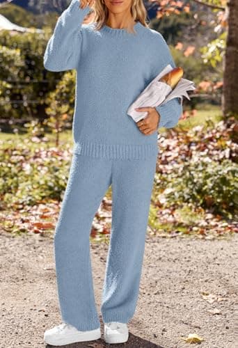 MEROKEETY Womens Pajama Sets 2025 Fall Lounge Sweater Set Cute Fuzzy Fleece 2 Piece Long Sleeve Cozy Winter Pj Outfits, Blue, X-Large - Image 4