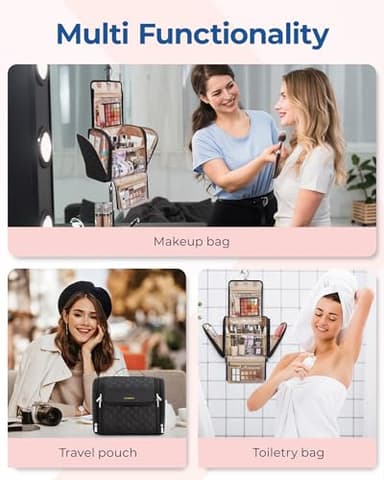 BAGSMART Hanging Travel Toiletry Bag, Large Capacity Water-resistant Cosmetic Organizer with Handle for Brushes Accessories, Black - Image 4