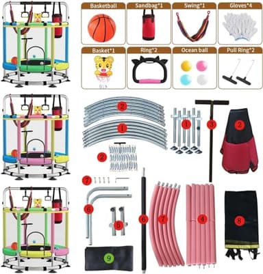 Trampoline for Kids, Adjustable Baby Toddler Trampoline with Basketball Hoop, Round Bottom Indoor Outdoor Toddler with Enclosure (Light Blue Green) - Image 9