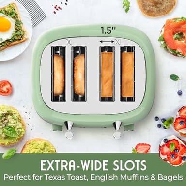 Mueller Retro Toaster 4 Slice with Extra Wide Slots Bagel, Defrost, and Cancel Function, 6 Browning Levels, Dual Independent Controls, Removable Crumb Tray and High Lift Levers, Sage Green - Image 3