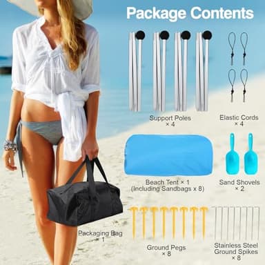 Rhino Valley Beach Tent, 10 x 10 FT Beach Shade UPF50+ Protection, Beach Canopy with 8 Sandbags 4 Stability Poles, Outdoor Beach Tent Sun Shelter Umbrella for Sand,Camping,Fishing Essentials, Sky Blue - Image 6