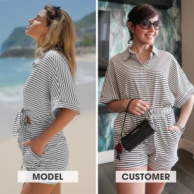 EXLURA Womens Summer 2 Piece Sets Casual Short Sleeve Striped Shirts Shorts Matching Sets Vacation Cruise Beach Outfits 2025 - Image 2