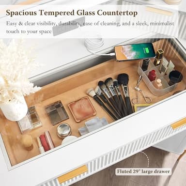 T4TREAM Corner Vanity Desk with Mirror and Lights, Fluted Vanity with Glass Top, Fixed Three-Panel Mirror & Charging Outlet, Dressing Table with 3 Drawers & 2 Storage Cabinets for Bedroom, White - Image 3