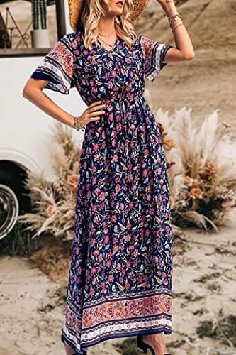 PRETTYGARDEN Women's Casual Summer Boho Floral Print Dress V Neck Short Sleeve High Waist Long Maxi Beach Dresses (Navy,X-Large) - Image 6