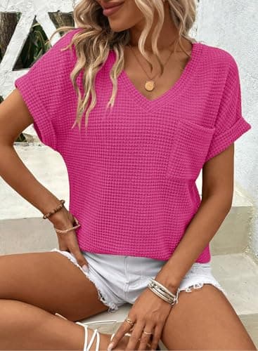 Dokotoo Spring Tops for Women Trendy V Neck Waffle Knit Tshirts Shirts for Women 2025 Fashion Summer Blouses Dressy Casual Cute Tops Womens Cruise Outfits Clothes Clothing - Image 3
