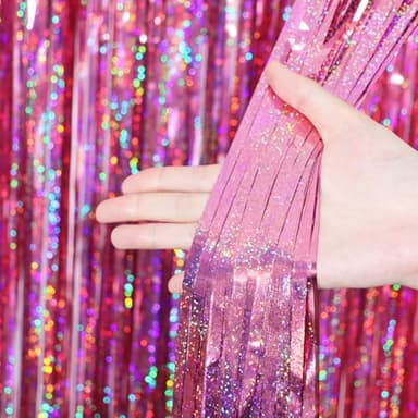 Voircoloria 2 Pack Laser Pink Tinsel Foil Fringe Curtains, Mothers Day Pink Decorations, Metallic Tinsel Party Streamers Backdrop for Birthday Bachelorette Graduation Wedding Party Decorations - Image 4