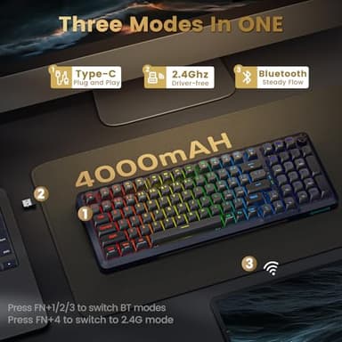 Redragon Wireless Mechanical Keyboard, 3 Mode Gasket Mounted RGB Gaming Keyboard with Volume Knob, Pre-Lubed Linear Switches, MDA-Profile, 98 Keys Hot Swappable Creamy Keyboard for PC/Tablet/Xbox/PS4 - Image 5
