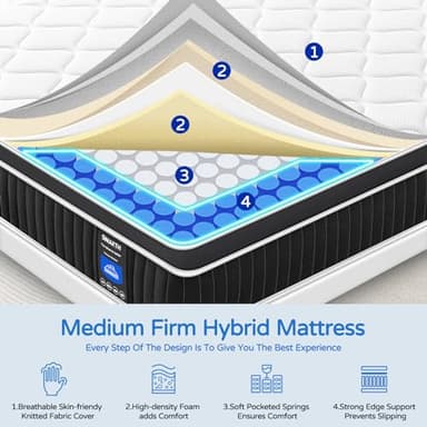SIMARTH Queen Size Mattress 14 Inch, Upgrade Strengthen Queen Hybrid Mattresses in a Box, Memory Foam and Individually Pocketed Springs for Support and Pressure Relief, Medium Firm - Image 2