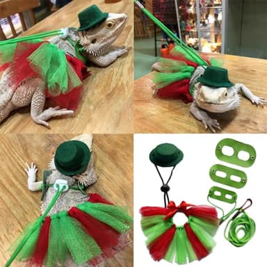 Bearded Dragon Lizard Leash Harness Adjustable(S,M,L, 3 Pack) Bearded Dragon Costume and Hat Lizard Layered Rainbow Tutu Skirt Hat Set for Amphibians and Other Small Pet Animals (Green Set) - Image 2