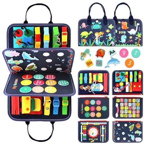 Qizfun Busy Board Montessori Toy for Toddlers, Educational Sensory Learning Toy for Fine Motor Skills, Preschool Travel Toy for Airplane & Car, Gifts for Boys and Girls (Blue/P4) - Image 1