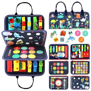 Qizfun Busy Board Montessori Toy for Toddlers, Educational Sensory Learning Toy for Fine Motor Skills, Preschool Travel Toy for Airplane & Car, Gifts for Boys and Girls (Blue/P4) - Image 1