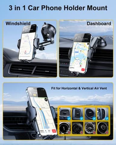 Rorhxia 3-in-1 Phone Mount for Car [2025 Most Stable and Flexible Suction Cup] Vent Dashboard Windshield Cell Phone Holder Car Fit for iPhone, Samsung, All Phone - Image 6