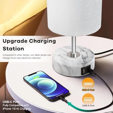 LuxeBeam 3-Way Dimmable Bedside Touch Lamp - USB-C and USB-A Ports, Faux Marble Base, White Shade with Silver Thread, Includes 8W LED Bulb for Bedroom, Living Room, Desk - Image 2