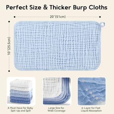 Unnivoll Muslin Burp Cloths for Baby 100% Cotton Burping Cloths for Boys Girls Large 20''X10'' Extra Soft and Absorbent 12 Pack - Gradient White Blue - Image 2