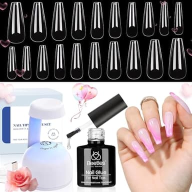 Beetles Gel Nail Kit Easy Nail Extension Set with 500Pcs Nail Tips Coffin Shape 5 In 1 Nail Glue Base Gel and Innovative Led Lamp Easy Diy Nails Art Home Gelly Tips - Image 8