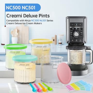 4 Pack Creami Deluxe Pints & Lids for Ninja, 24 Oz Compatible with NC500 NC501 Series Ice Cream Makers, with 5 Spoons & 64 Writable Labels, BPA-Free & Dishwasher Safe, 4 Color Lids - Image 2