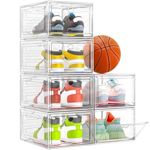Thicken & Sturdy Clear Shoe Storage Organizer with Magnetic Door, Stackable Boxes for Closet, Foldable Space-Saving Shoe Rack for Sneaker Boot Container, Plastic Shoe Cabinet Shoe Box 6 Pack, White - Image 1
