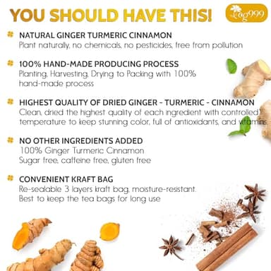 TOG999, Premium 20 Tea Bags Turmeric, Ginger, Cinnamon, 100% Natural, Hand-made Blend of Turmeric, Ginger, and Cinnamon Herbal Tea. Eco-conscious Tea Bags. No Sugar, No Caffeine, No Gluten, Vegan. - Image 3