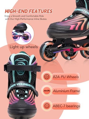 SUPER YOUNGSTER Girls Inline Skates for Boys Kids Ages 4-12, Adjustable Light Up Roller Skates for Youth Teens Ages 8-12, Beginner Blades for Women Adults - Image 4