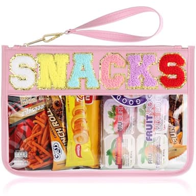 Snack Bag for Travel - Clear Chenille Varsity Letter Flat Pouch with Zipper, 12.2×8.46 inch Waterproof Clear PVC&PU Preppy Patch Makeup Cosmetic tote Bags for Women - Image 1
