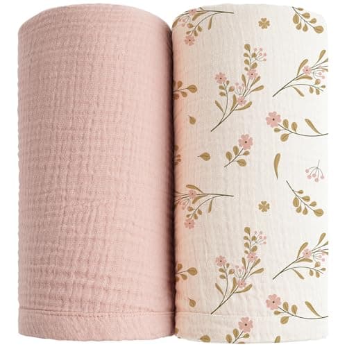 Konssy Muslin Swaddle Blankets for Boys Girls, 2 Pack Receiving Baby Blanket Large 47 x 47 inches, Soft Breathable Swaddling Wrap for Unisex Newborn (Pink, Floral) - Image 1