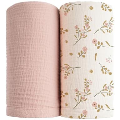 Konssy Muslin Swaddle Blankets for Boys Girls, 2 Pack Receiving Baby Blanket Large 47 x 47 inches, Soft Breathable Swaddling Wrap for Unisex Newborn (Pink, Floral) - Image 1