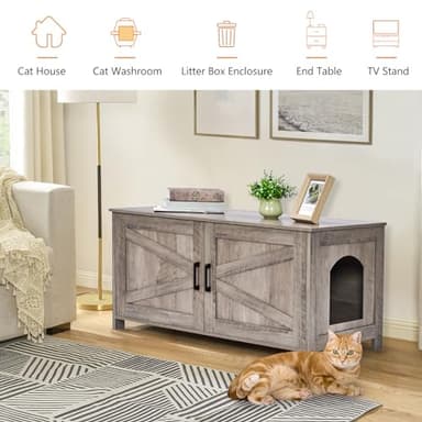 Homhedy 39.4" L Cat Litter Box Enclosure, Pet House with Barn Door, Wooden Cat Washroom Furniture, Fit Most of Litter Box, Greige - Image 5