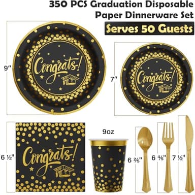 Ecomore 2025 Graduation Party Supplies, 350 PCS Congrats Grad Disposable Dinnerware Set (Severs 50) Paper Plates Cups Napkins Plastic Fork Knives Spoons for College 2025 Graduation Party - Black Gold - Image 3