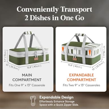 Lifewit Expandable Insulated Casserole Carrier for Hot or Cold Food, Double Decker Food Bag Lasagna Holder Carry Tote for Potluck Parties/Picnic/Cookouts, Fits 9"x13" Baking Dish, Dark green - Image 2