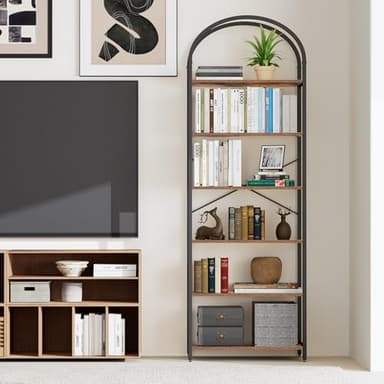 Homhedy 6-Tier Bookshelf Arched Display Racks, Wood and Metal Bookcase, Tall Bookshelf, Industrial Display Standing Shelf Unit, for Home Office, Living Room, Bedroom, Bathroom, Rustic Brown - Image 8