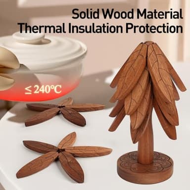 Wooden Tree Trivet Set,4 Wooden Trivets and 1 Stand,Trivets for Hot Pots and Pans, Foldable Kitchen Wooden Tree Coasters for Hot Bowl&Teapot,5 Gifts Set - Image 7