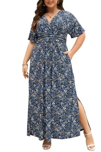 Keluummi Plus Size Wedding Guest Maxi Dresses for Curvy Women, Summer Formal Floral V Neck 3/4 Sleeve A Line Long Party Dress(20 Plus, 10 - Black Floral) - Image 1