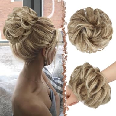 FESHFEN Messy Bun Hair Pieces - Large Wavy Curly Elastic Hair Bun Scrunchies Ponytail Extensions Synthetic Chignon Hairpieces for Women, Mixed Blonde and Ash Blonde Tips 1.94oz - Image 1