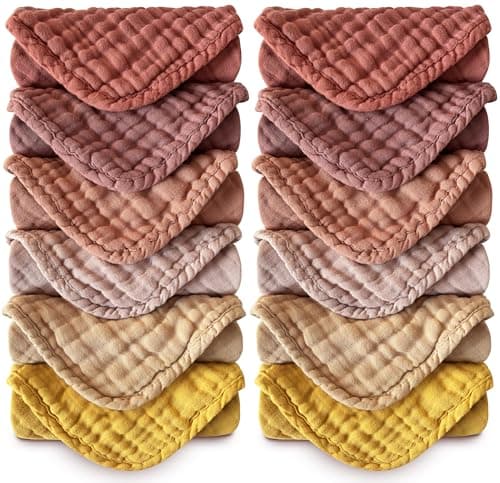 MOON PARK Baby Washcloths, 12 Pack - 12x12 Inches, Small Burp Cloths and Baby Wipes - 100% Cotton Muslin Ultra Soft for Newborn, Infant and Toddlers - Brown, Honey and Bean Paste Series - Image 1