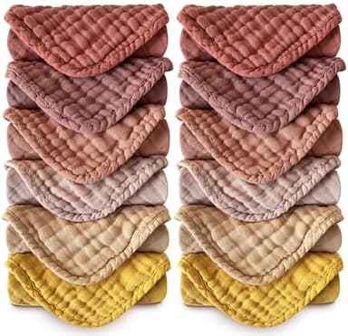 MOON PARK Baby Washcloths, 12 Pack - 12x12 Inches, Small Burp Cloths and Baby Wipes - 100% Cotton Muslin Ultra Soft for Newborn, Infant and Toddlers - Brown, Honey and Bean Paste Series - Image 1
