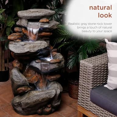 Alpine Corporation WIN316 40" Floor Fountain – 4-Tiered Rock Water Feature with Cascading Streams & White LED Lights – Tranquil Outdoor Décor for Garden, Patio, Yard, Deck, or Porch, Light Gray - Image 8