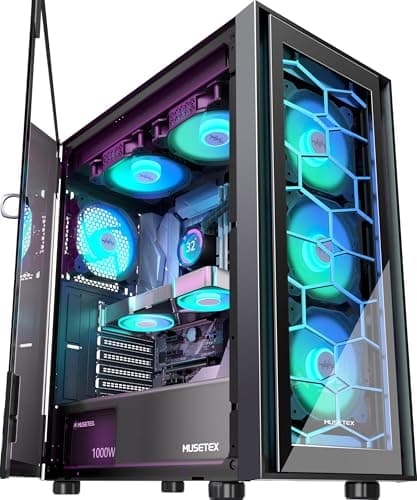 MUSETEX ATX PC Case, 6 PWM ARGB Fans Pre-Installed, Computer Case with Opening Tempered Glass Door, Mid Tower Gaming PC Case, USB 3.0 x 2, Black, G07 - Image 1