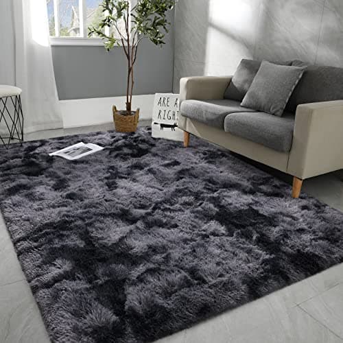 Hutha 9x12 Large Area Rugs for Living Room, Super Soft Fluffy Modern Bedroom Rug, Tie-Dyed Dark Grey Indoor Shag Fuzzy Carpets for Girls Kids Nursery Room Home Decor - Image 1