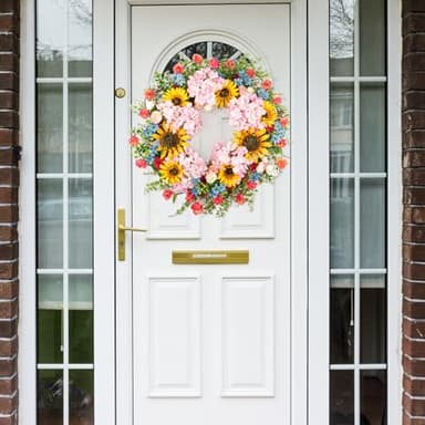 Lotus Hills 22" Spring Wreaths for Front Door, Front Door Wreath with Sunflower Pink Hydrangea Daisy Eucalyptus, Spring Summer Wreath Outdoor, Blooming Artificial Floral Decorations for Home Office - Image 6