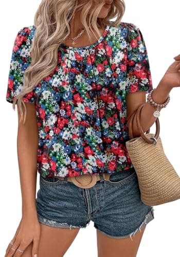 Angerella Ladies Shirts Flowy Summer Stretchy Daily T-Shirts Chiffon Floral Top Spring Summer 2025 Short Sleeve Trendy Crew Neck Dressy Casual Business Tunic Pleated Blouses XL - Image 3