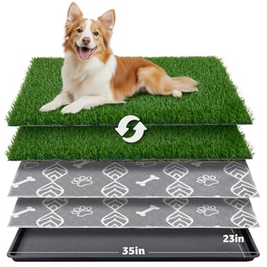 LOOBANI Dog Grass Pad with Tray - 35x23in Dog Litter Box with 2 Artificial Grass Patch + 2 Washable Pee Pads - Quickly Absorbency Indoor Outdoor Potty for Patio Balcony Apartment Use - Image 1