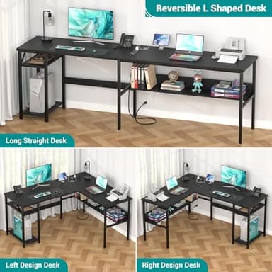 Hyomdeck Reversible L Shaped Computer Desk with Power Outlets and USB Charging Ports, Sturdy Corner Desk with Storage Shelf, Modern Work Gaming Table for Home Office, Easy to Assemble, Black - Image 7