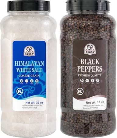 52USA Himalayan White Salt (Coarse Grain) 39 oz + Whole Black Peppercorns 18 oz, Salt and Pepper Grinder, Black Peppercorn Refil, Sea Salt for Grinder Refill - Image 1