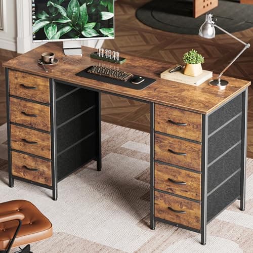 Huuger 47 Inch Computer Desk with 8 Fabric Drawers, Office Desk Work Desk for Home Office, Study, Gaming Desk with Drawers, Large Storage, Rustic Brown - Image 1