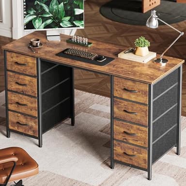 Huuger 47 Inch Computer Desk with 8 Fabric Drawers, Office Desk Work Desk for Home Office, Study, Gaming Desk with Drawers, Large Storage, Rustic Brown - Image 1