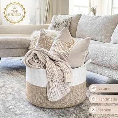 INDRESSME Large Laundry Basket, 21.7'' x 13.8'' Cotton Rope Blanket Basket Living Room Toy Baskets Storage Kids, Woven Baskets for Dirty Clothes, Pillows, Towel, 90L Light Brown - Image 2